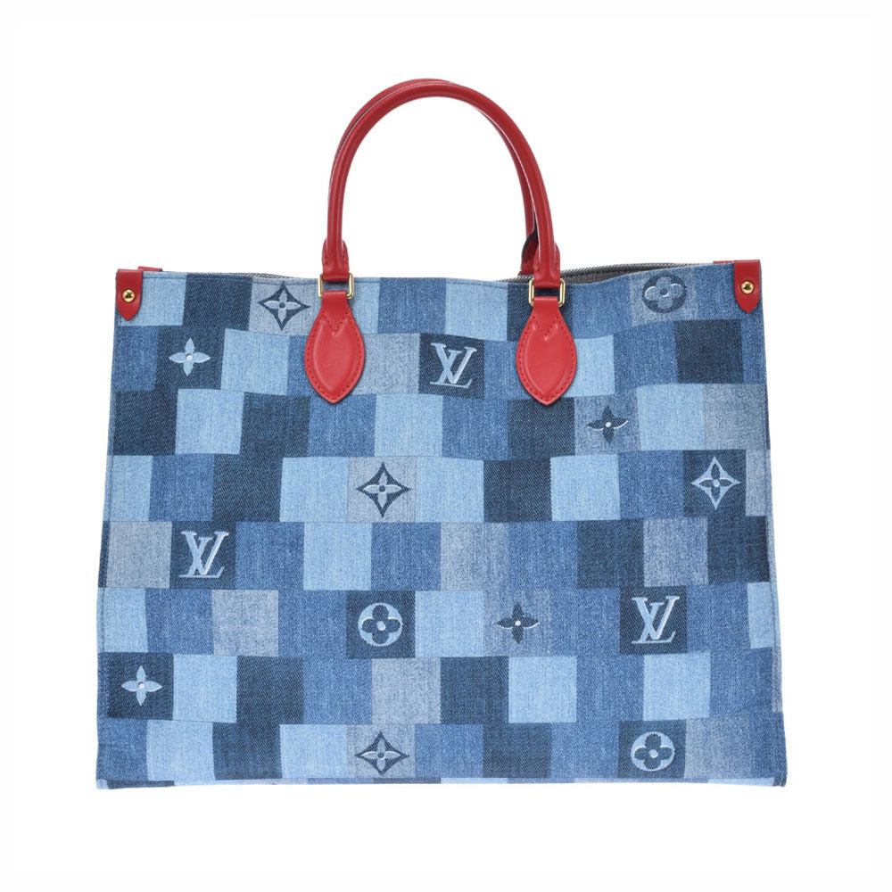 LOUIS VUITTON Monogram Denim OnTheGo Blue Red Leather Handbag